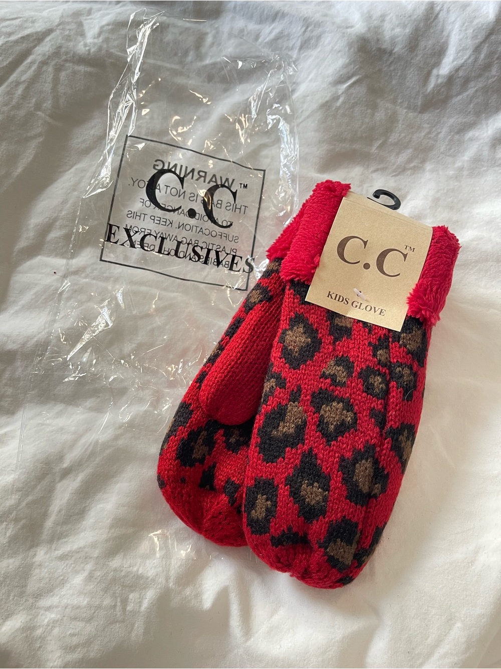 C.C Kids Red Leopard Print Mittens with Fleece Cuff